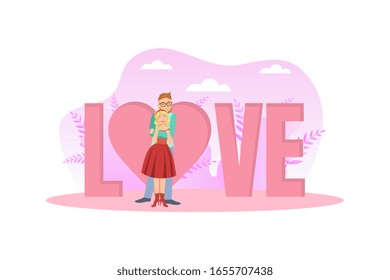 Smiling Young Man and Woman Hugging while Standing in Front of Love Big Word, Happy Loving Couple on Romantic Date Vector Illustration