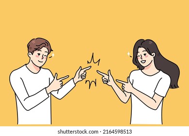 Smiling young man and woman joking with each other. Happy guy and girl pranking have fun together. Friendship and good relationships concept. Vector illustration. 