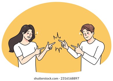 Smiling young man and woman joking with each other. Happy guy and girl pranking have fun together. Friendship and good relationships concept. Vector illustration.