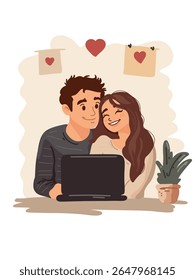 smiling young man and woman with laptop vector illustration