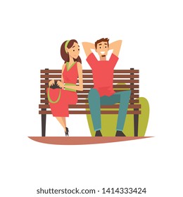 Smiling Young Man and Woman Sitting on Bench in Park, Romantic Couple on Date Vector Illustration