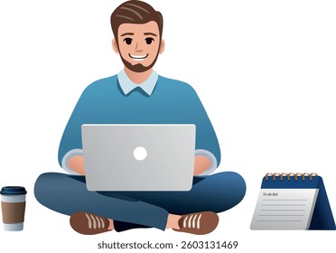 A smiling young man working on a laptop, symbolizing remote work, freelancing, productivity, and work-life balance. A coffee cup and to-do list enhance the concept of organization and focus