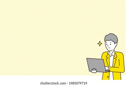 Smiling young man,hand holding laptop,copy space,vector illustration