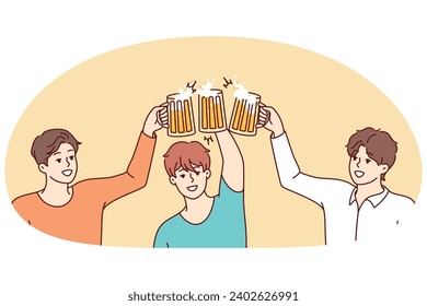 Lächelnde junge Männer, die eine Brille hacken und Bier zusammen trinken. Fröhliche Jungs jubeln Spaß an der Party haben Spaß. Freundschaftskonzept. Vektorgrafik.