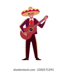 Smiling young Mexican man in sombrero playing guitar flat style, vector illustration isolated on white background. Happy character in traditional costume, decorative design element, culture