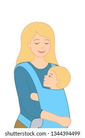 Smiling young mother holding her little baby in ergo backpack. Flat design vector illustration, isolated. Poster, banner template. Motherhood, parenting emotion. Family vector illustration