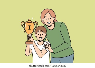 Smiling young mother hug little son holding golden trophy celebrate win in competition or contest. Happy mom embrace child with prize. Winner and success. Vector illustration. 