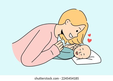 La joven y sonriente madre juega con el lindo bebé recién nacido. La feliz madre abrazó a un niño pequeño y disfrutó su maternidad. Concepto de crianza de los hijos. Ilustración vectorial. 