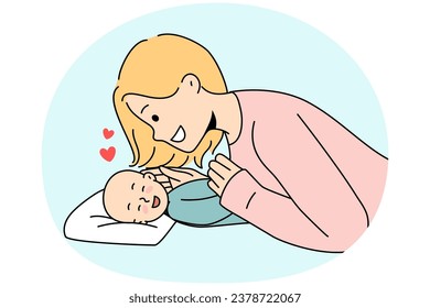 Smiling young mother play with cute newborn baby. Happy mom cuddle little child infant enjoy motherhood. Parenting concept. Vector illustration.