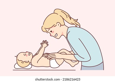 Smiling young mother playing with newborn baby. Happy mom have fun caress infant on table. Motherhood and parenthood. Vector illustration. 