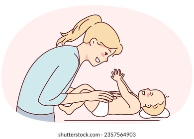 Smiling young mother playing with newborn baby. Happy mom have fun caress infant on table. Motherhood and parenthood. Vector illustration.