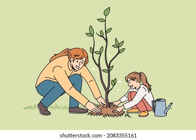 Smiling Young Mother And Small Daughter Plant Seedling In Ground Take Care Of Environment. Happy Mom And Little Girl Child Grow Tree Engaged In Gardening Activity Together. Vector Illustration.