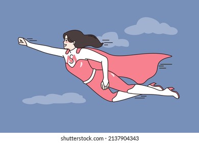 Smiling young mother in superhero costume fly in sky. Happy active motivated mom in hero suit show power and leadership. Good motherhood and parenthood. Supermom. Flat vector illustration. 