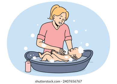 Smiling young mother washing cute baby infant in bath. Happy mom do daily cleaning hygiene procedures for small child. Motherhood and childhood. Vector illustration.