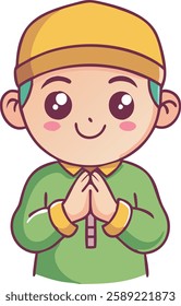 A smiling young Muslim boy in a green outfit holds his hands together in a greeting pose, reflecting kindness and warmth during Ramadan. The vibrant colors and cartoon style add to its charm.