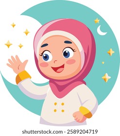 A smiling young Muslim girl in a hijab waves under a crescent moon, representing the spiritual beauty of Ramadan.