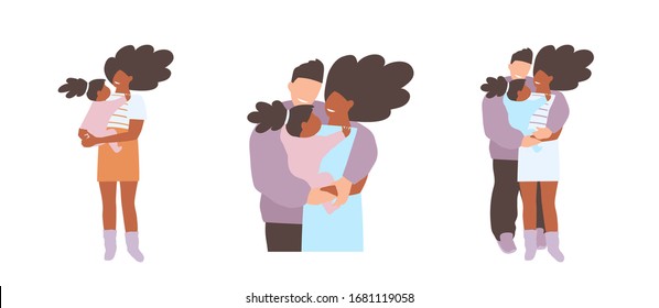 Smiling young parents couple holding a baby and hugging, happy parenthood couple relationship. Racial diversity in family. Vector people design. 