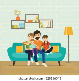 Smiling young parents and their children on sofa in the living room. Vector flat illustration