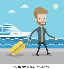 Smiling young passenger with suitcase going to shipboard at the pier station. A hipster man with the beard walking on the background of cruise liner. Vector flat design illustration. Square layout.
