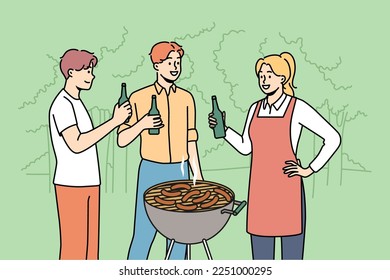 Smiling young people enjoy barbecue drinking beer outdoors. Happy friends have fun grilling meat in forest. Vector illustration. 