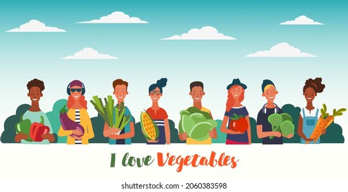 Smiling young people in garden with fresh vegetables: cabbage, pepper, tomato, carrot, corn, broccoli and eggplant in cartoon style