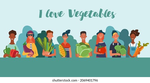 Smiling young people in garden with fresh vegetables: cabbage, pepper, tomato, carrot, corn, broccoli and eggplant in cartoon style