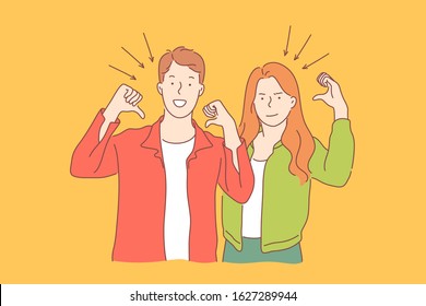 Smiling young people, good mood, optimism concept. Positive emotions, self presentation, happy boyfriend and girlfriend showing themselves, sign language, glad facial expression. Simple flat vector