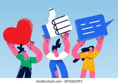 Smiling young people hold like and comment emojis give client feedback. Happy men and women show emoticons express good or bad quality service. Consumerism concept. Vector illustration. 