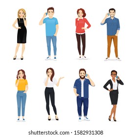 Smiling young people talking on mobile phones. Men and women characters set vector illustration isolated