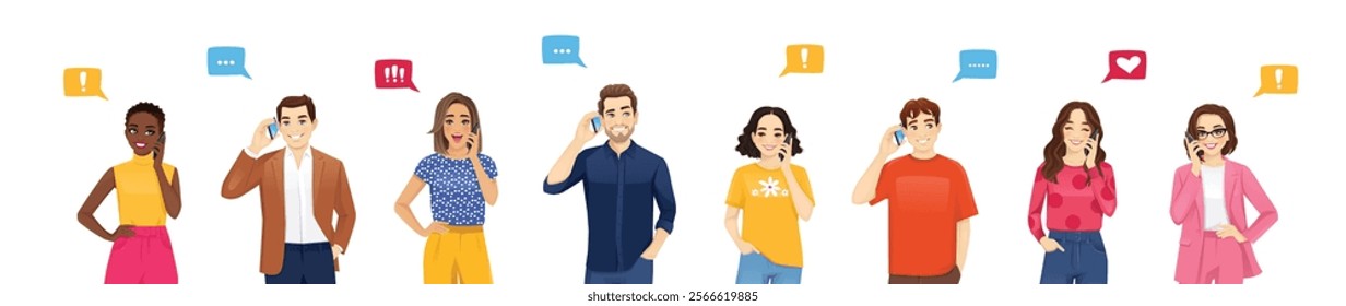 Smiling young people talking on mobile phones. Men and women characters set vector illustration isolated