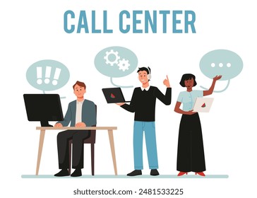 Smiling young people wearing headset with laptop working in call center vector flat poster. Client services and communication. Customer support staff, helpline operator, office consultant