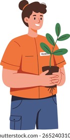 Jovem sorridente segurando uma pequena planta, representando cuidado ambiental.	