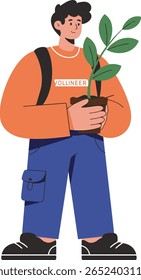 Jovem sorridente segurando uma pequena planta, representando cuidado ambiental.	
