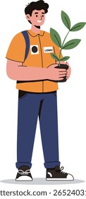 Jovem sorridente segurando uma pequena planta, representando cuidado ambiental.	
