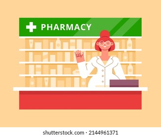 A smiling young pharmacist stands behind a pharmacy counter and waves her hand in a friendly manner. Pharmacy, drugstore concept. Pharmacist, apothecary at work. Modern vector illustration.