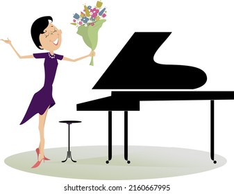 Smiling young pianist woman.
Cartoon happy pianist woman with a bunch of flowers standing near a piano. Isolated on white background
