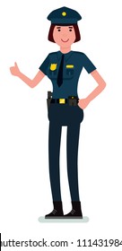 Smiling young police woman in uniform shows you thumb up. Vector cartoon flat design illustration isolated on white background.