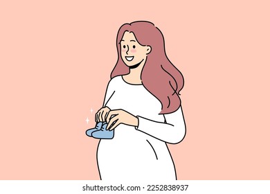 Smiling young pregnant woman holding baby shoes in hands excited about motherhood. Happy future mother awaiting parenthood. Pregnancy. Vector illustration. 