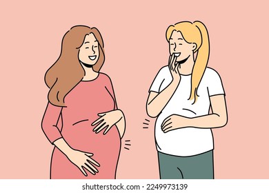 Smiling young pregnant women with big bellies excited with future motherhood. Happy moms laugh overjoyed with pregnancy. Vector illustration. 