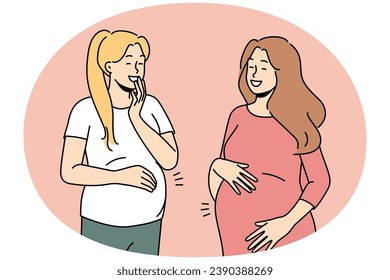 Mujeres jóvenes sonrientes embarazadas con vientres grandes entusiasmadas con la futura maternidad. Feliz risa de las mamás con el embarazo. Ilustración vectorial.