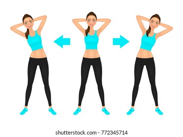 Smiling Young pretty woman make side bend exercise with hands behind head. Fit girl in leggings and crop top. Warm-up instruction vector illustration.