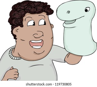 Smiling Young Puppeteer With Hand Puppet Over White Background