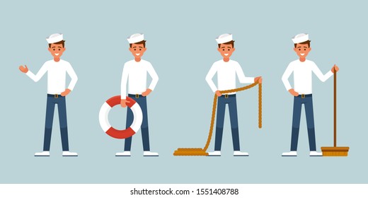 Smiling young sailor holds a lifebuoy, a brush to wash the deck, a rope.Vector set