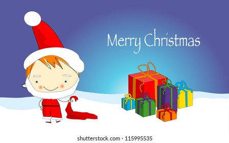 Smiling young Santa Claus with christmas presents, Xmas greeting card