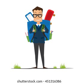 Smiling Young School Boy in Uniform with Blue Backpack. Vector Illustration. Man isolated on white background. Back to School Concept.