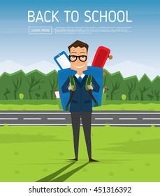 Smiling Young School Boy in Uniform with Blue Backpack. Vector Illustration. Man on green grass near road and tree. Back to School Concept.