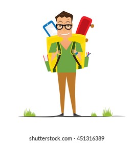 Smiling Young School Boy with Yellow Backpack. Vector Illustration. Man isolated on white background. Back to School Concept.