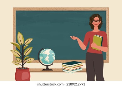 Smiling Young School Or College Teacher Holding Books And Standing Beside Blackboard. Female Character Teaching Lesson. Education, Knowledge, Study Concept. Vector Cartoon Illustration 