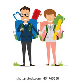Smiling Young School Girl and Boy in Uniform with Backpack. Vector Illustration. Pupils isolated on white background. Back to School Concept.