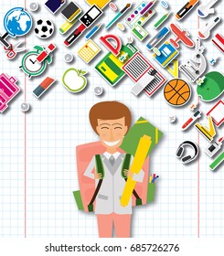 Smiling Young School Girl in Uniform with Pink Backpack and Supplies. Vector Illustration. Back to School Concept.